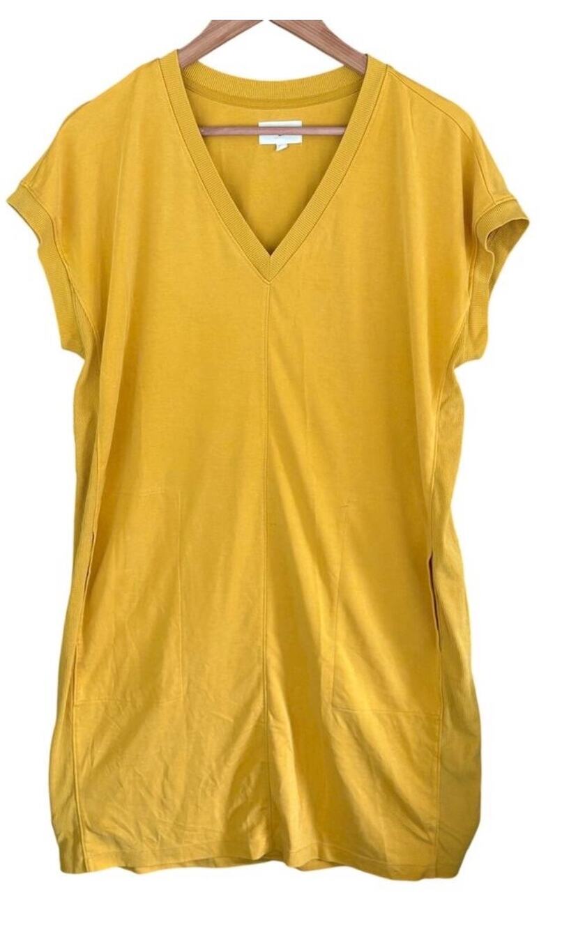 Lou & Grey Mustard Yellow Modal T-Shirt Dress, V-Neck Oversized, Medium